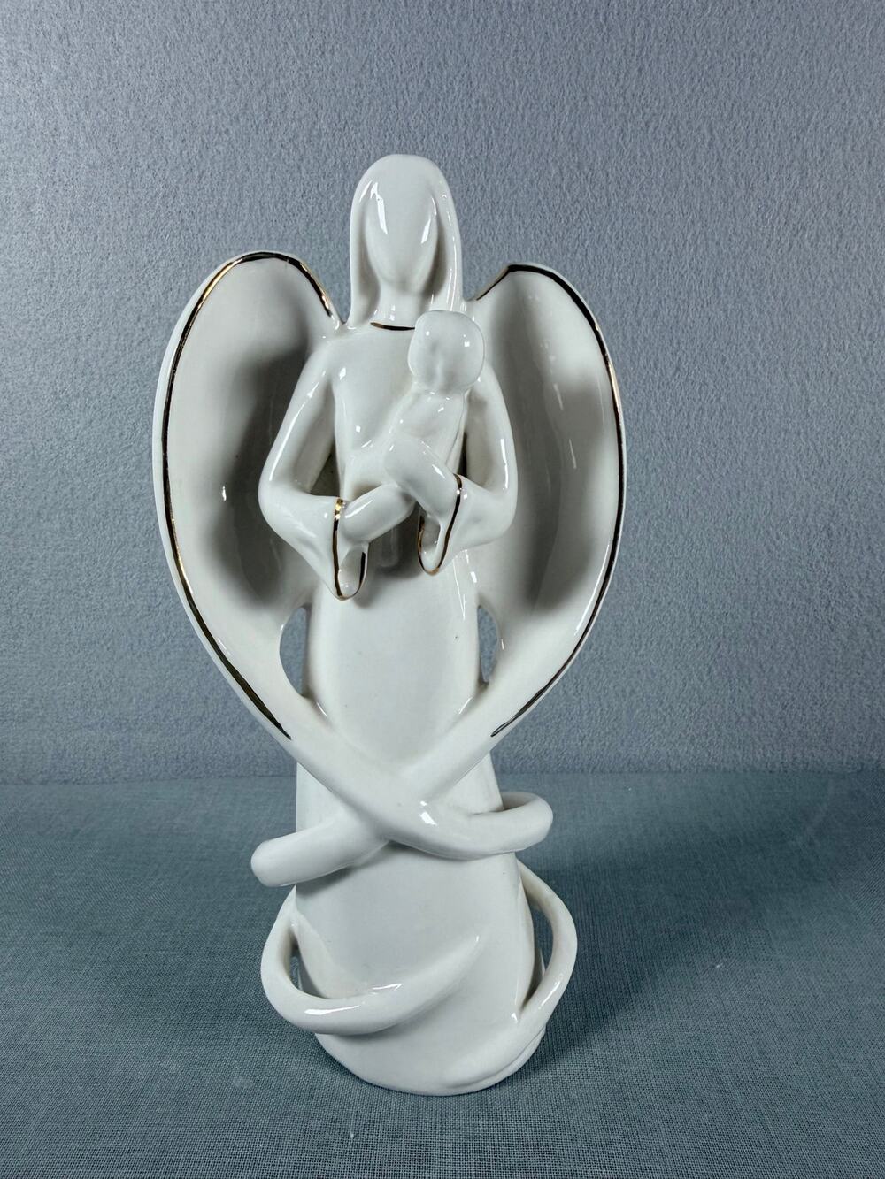 Vintage White Porcelain Madonna And Child Angel Figurine Gold Trim Lace Wings